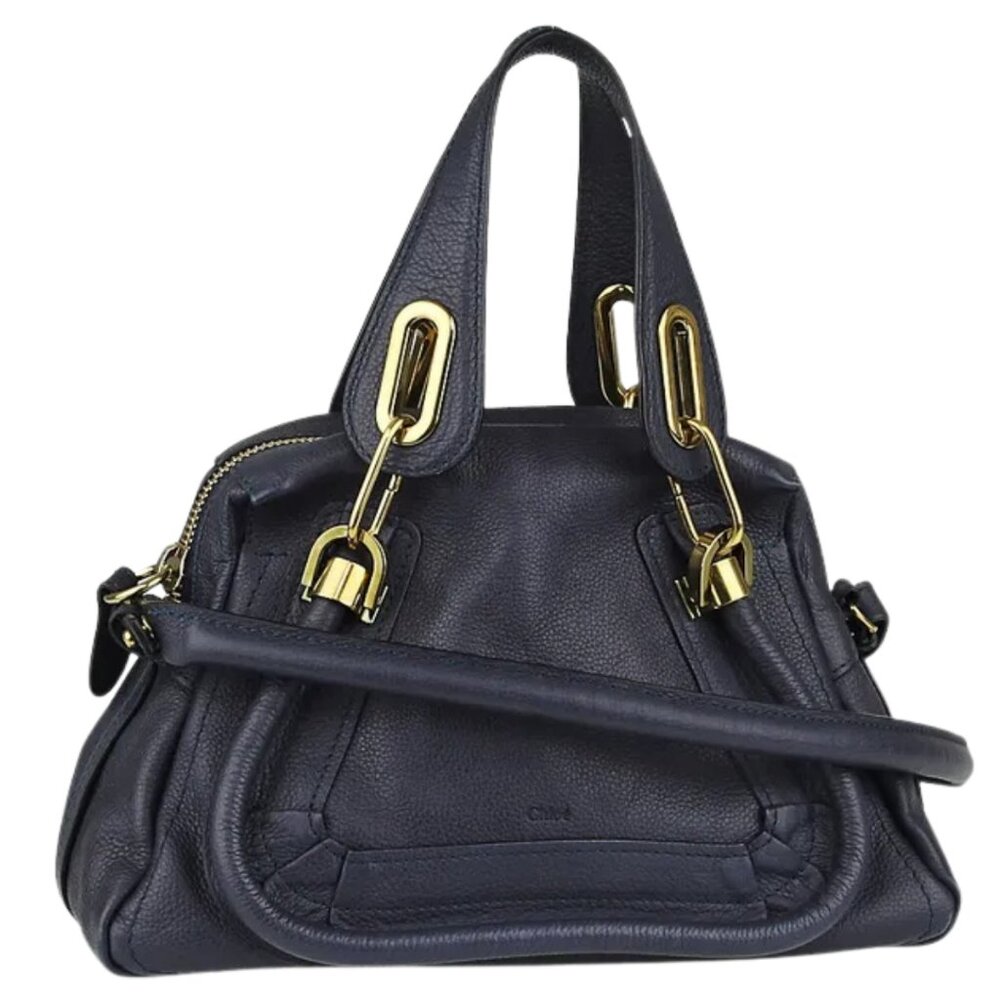 Chloe Navy Leather Shoulder Bag with Gold Hardware